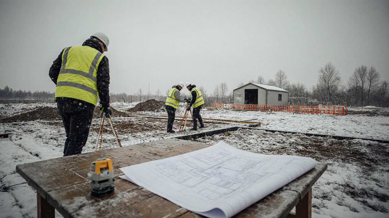 Геодезисты размечают границы фундамента на заснеженном участке с использованием измерительных приборов.