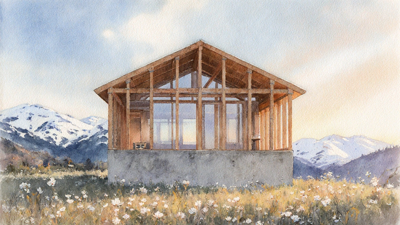 Гибридный дом: бетонный фундамент переходит в деревянный каркас, окружённый природой.