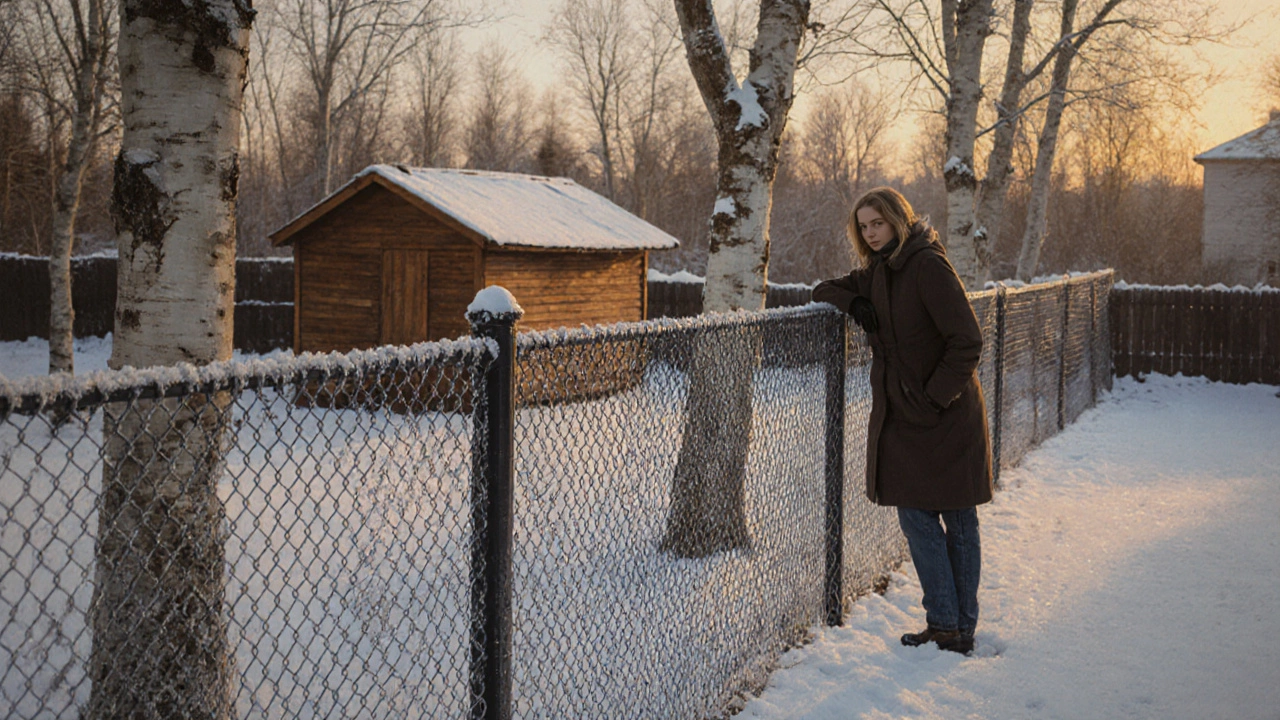 Готовый забор из сетки‑рабицы в холодном пейзаже у Екатеринбурга, хозяин доволен.
