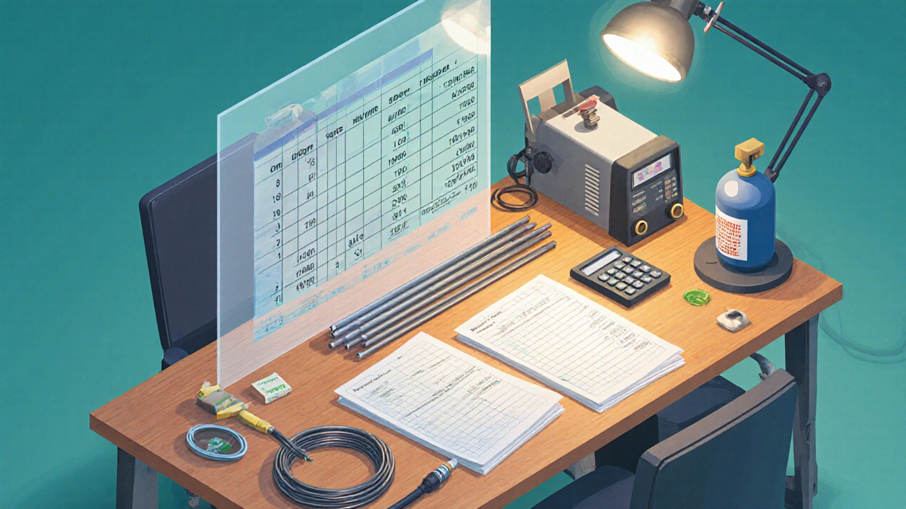 Изометрическая сцена с материалами и инструментами для расчёта стоимости сварки.