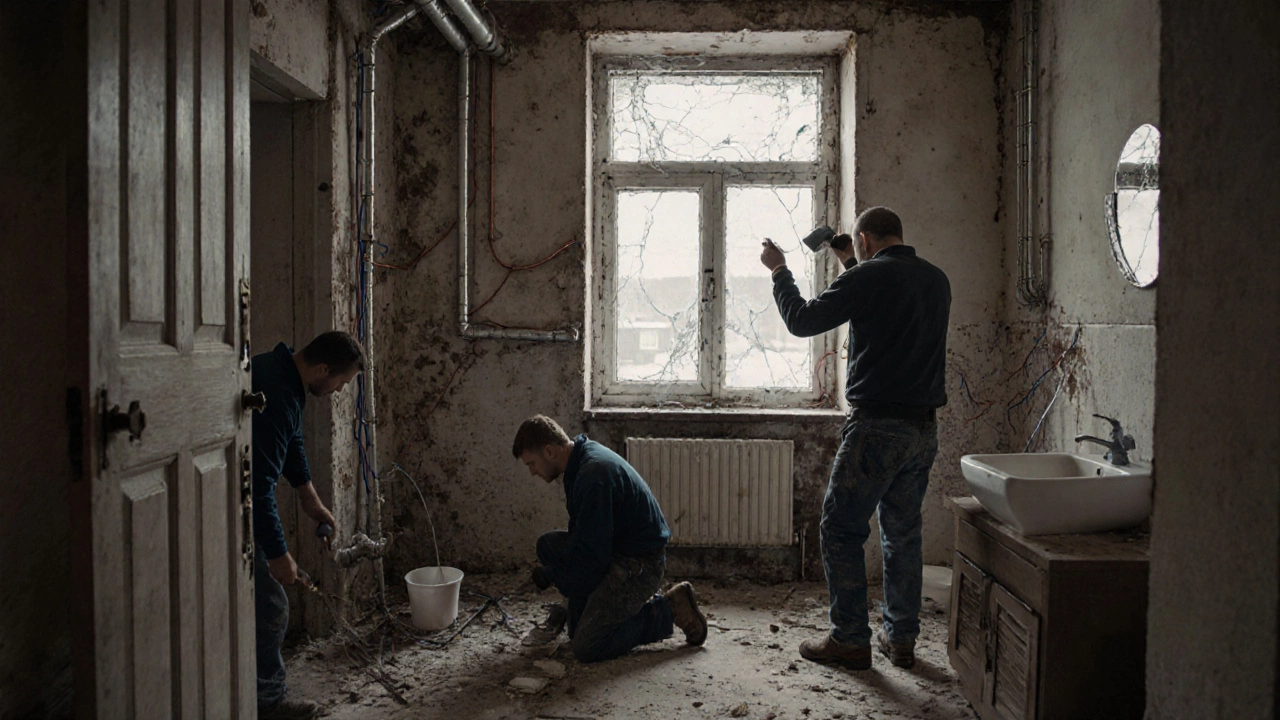 Капитальный ремонт в старом доме: замена труб и проводки, рабочие устанавливают новые окна.