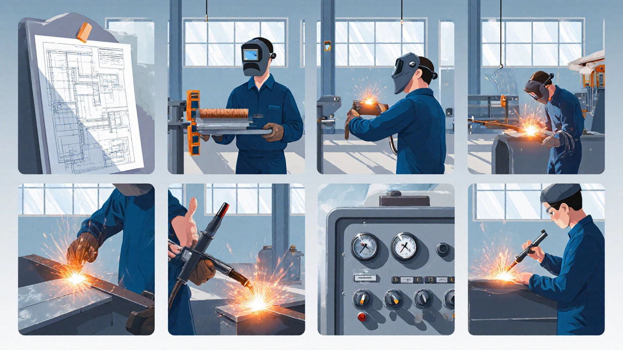 Последовательность из восьми этапов сварочных работ от чертежа до контроля качества.