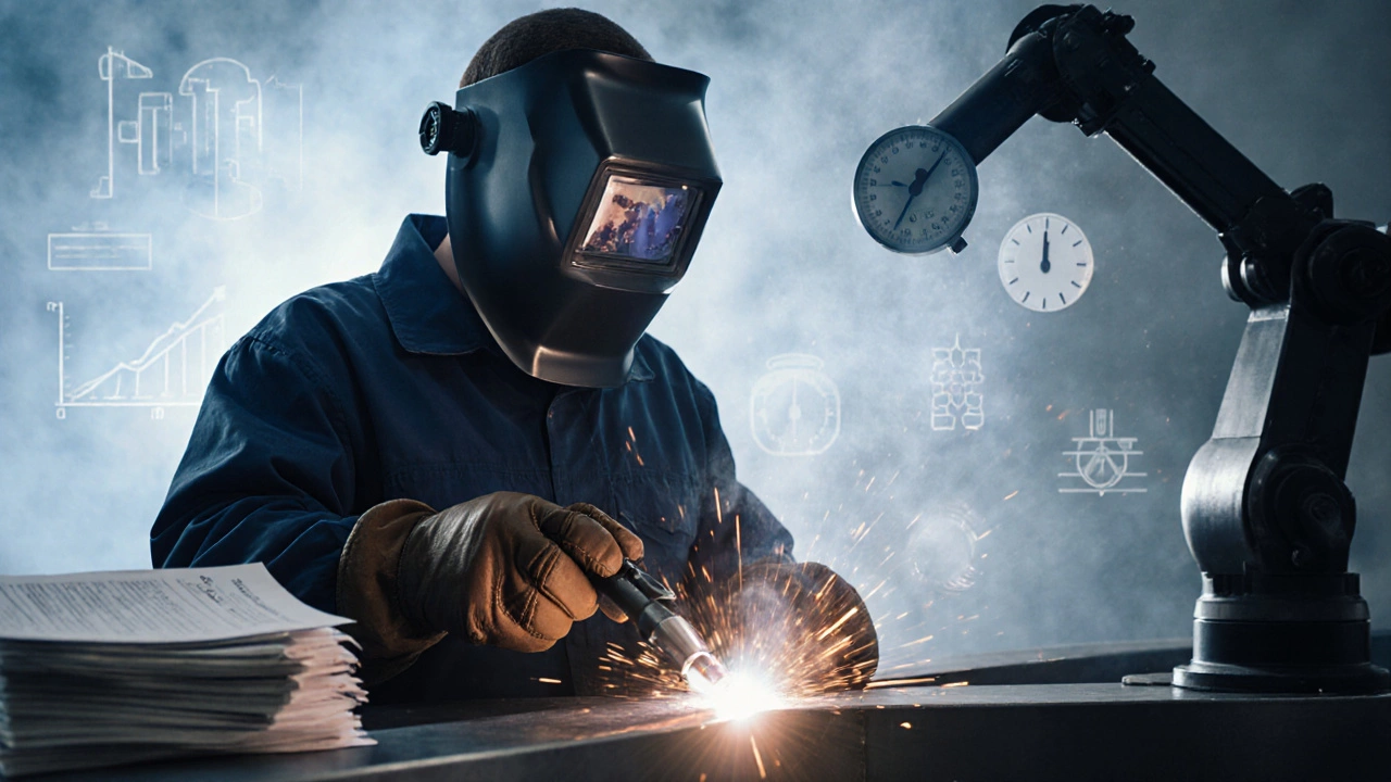 Профессиональный сварщик в защитной экипировке рядом с роботизированным МИГ‑аппаратом.
