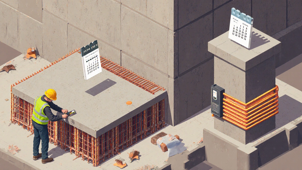 Рабочий проверяет прочность бетона и утепление формы на стене, плите и колонне.