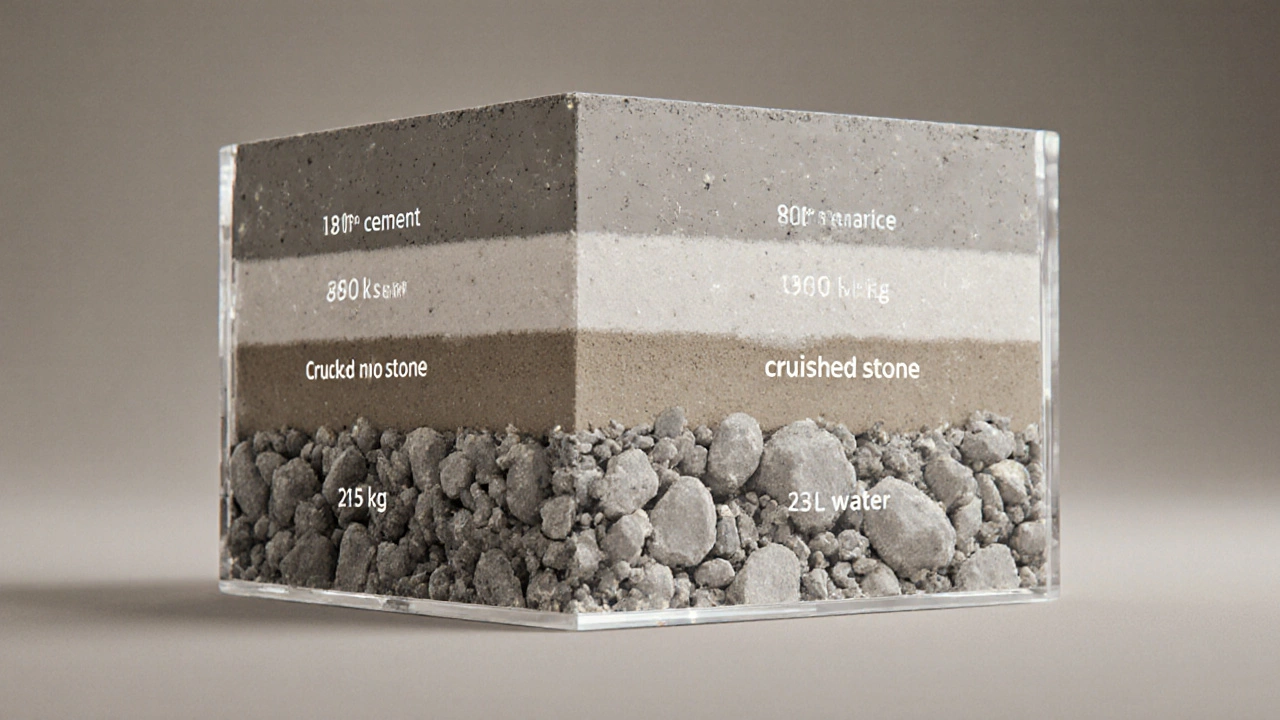 Разрез кубометра бетона с указанными пропорциями цемента, песка и щебня.