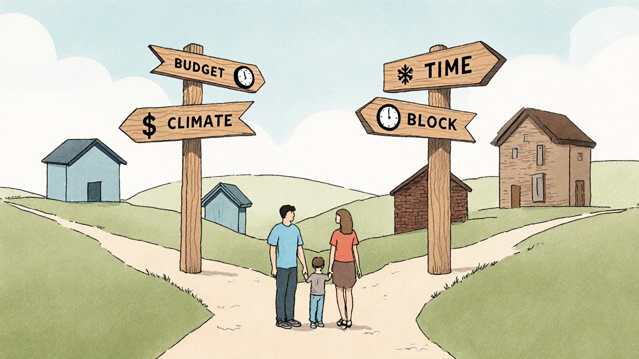Семья стоит у перекрёстка с указателями «Бюджет», «Сроки», «Климат» и силуэтами разных типов домов.