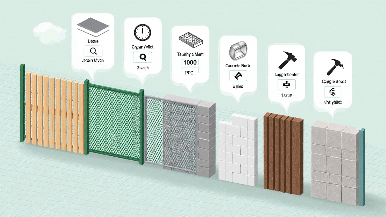 Семь секций забора показывают стоимость, срок службы и трудозатраты каждого материала.