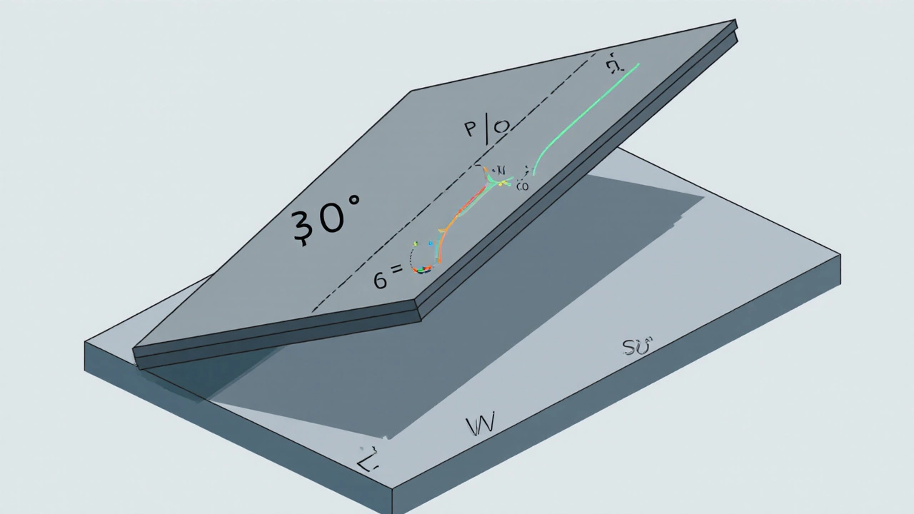 Схема крыши с наклонным углом и геометрическими линиями расчёта площади.