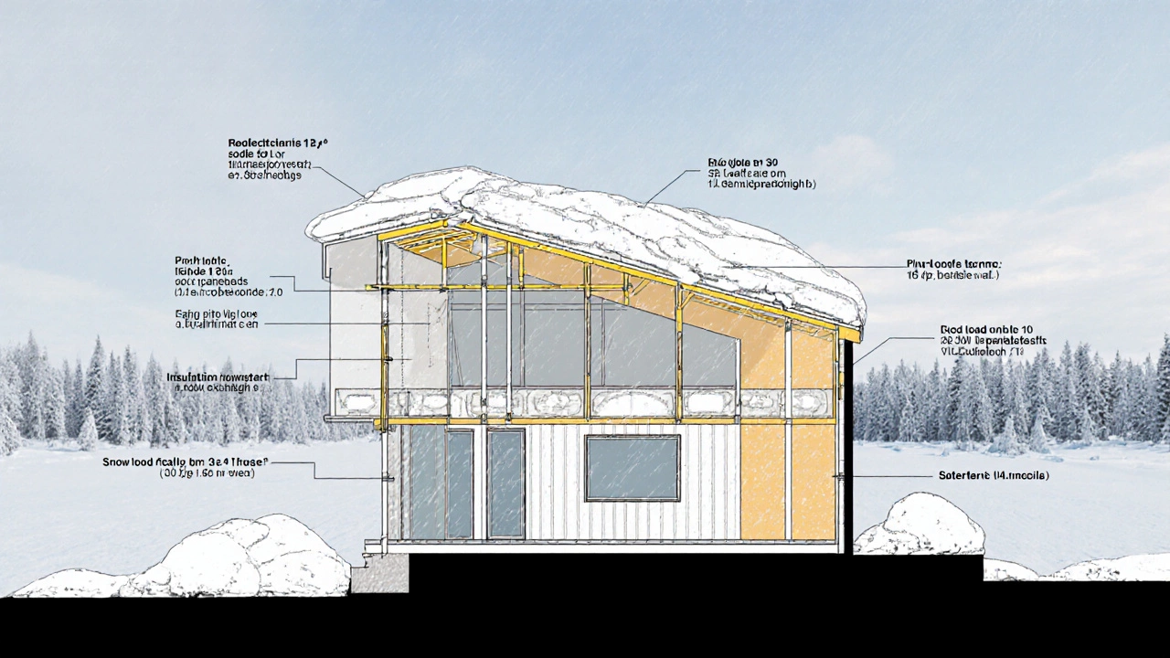 Схематичный разрез дома с указанием высоты стен, уклона крыши и нагрузки от снега в условиях Сибири.