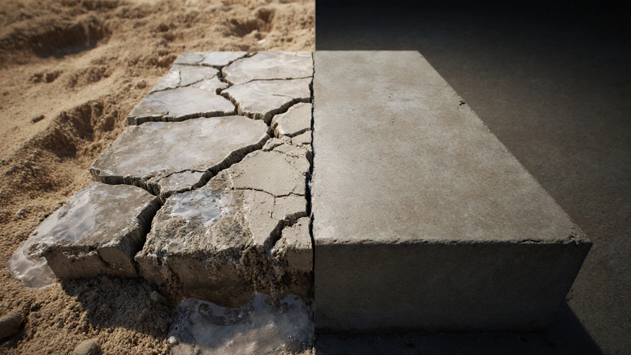 Сравнение треснувшего и прочного бетона: грязные и чистые материалы.