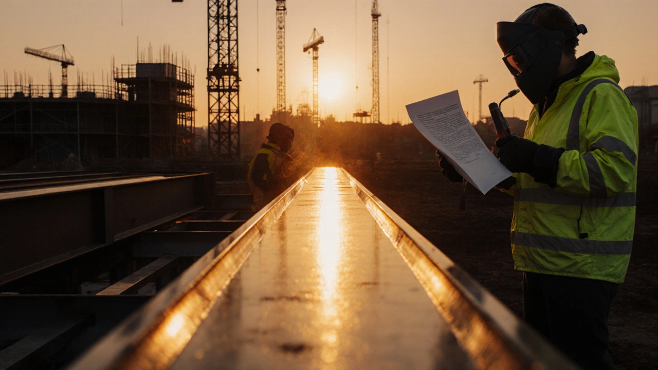 Сварочный шов на стальной балке при закате, рабочий и foreman проверяют документы.