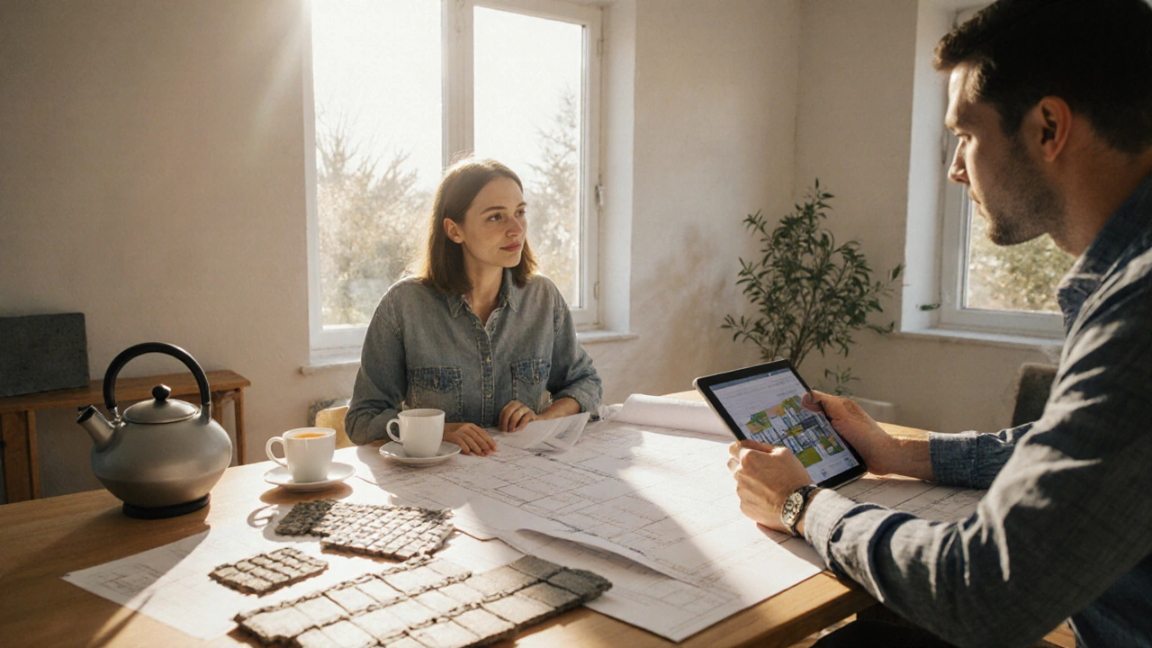 Владелец дома и архитектор изучают проект дома на планах с образцами материалов на столе.