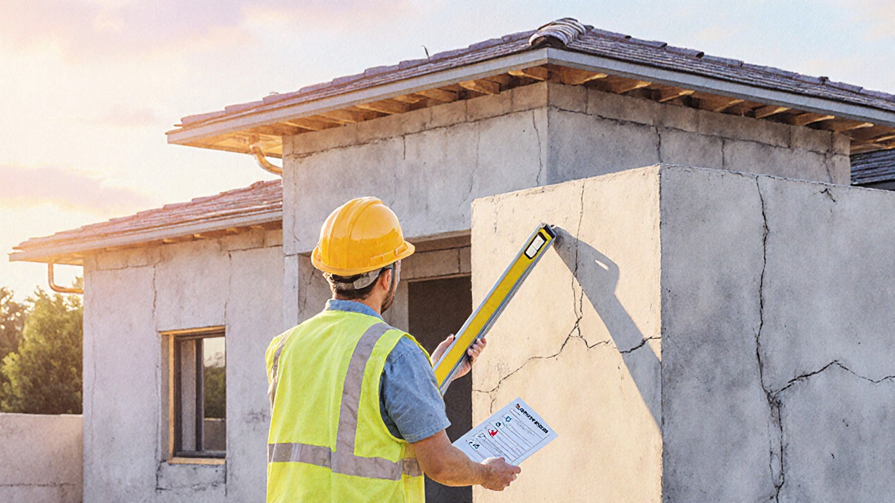 Завершённый дом без трещин, строитель проверяет геометрию уровнем.