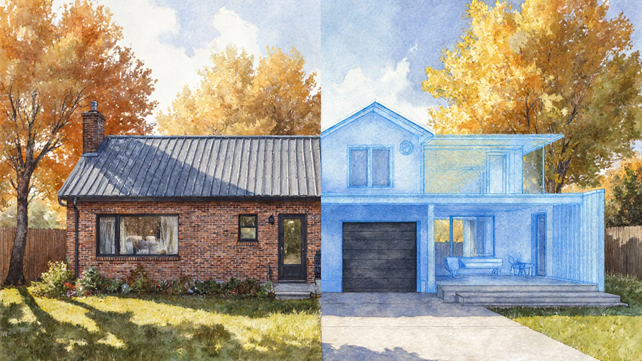 Двухфазный план дома: левая часть — готовый дом, правая — прозрачный контур будущих пристроек, осенью, с деревьями на заднем плане.