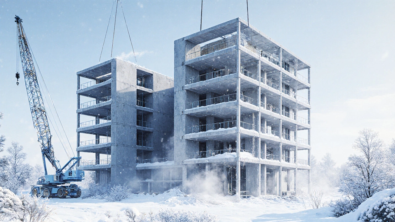 Гибридный сборно-монолитный дом с монтируемыми элементами и бетонными швами.