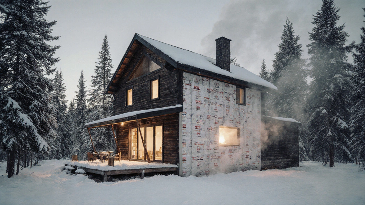 Каркасный дом в Уральском регионе с видимым утеплением и теплым светом из окон.