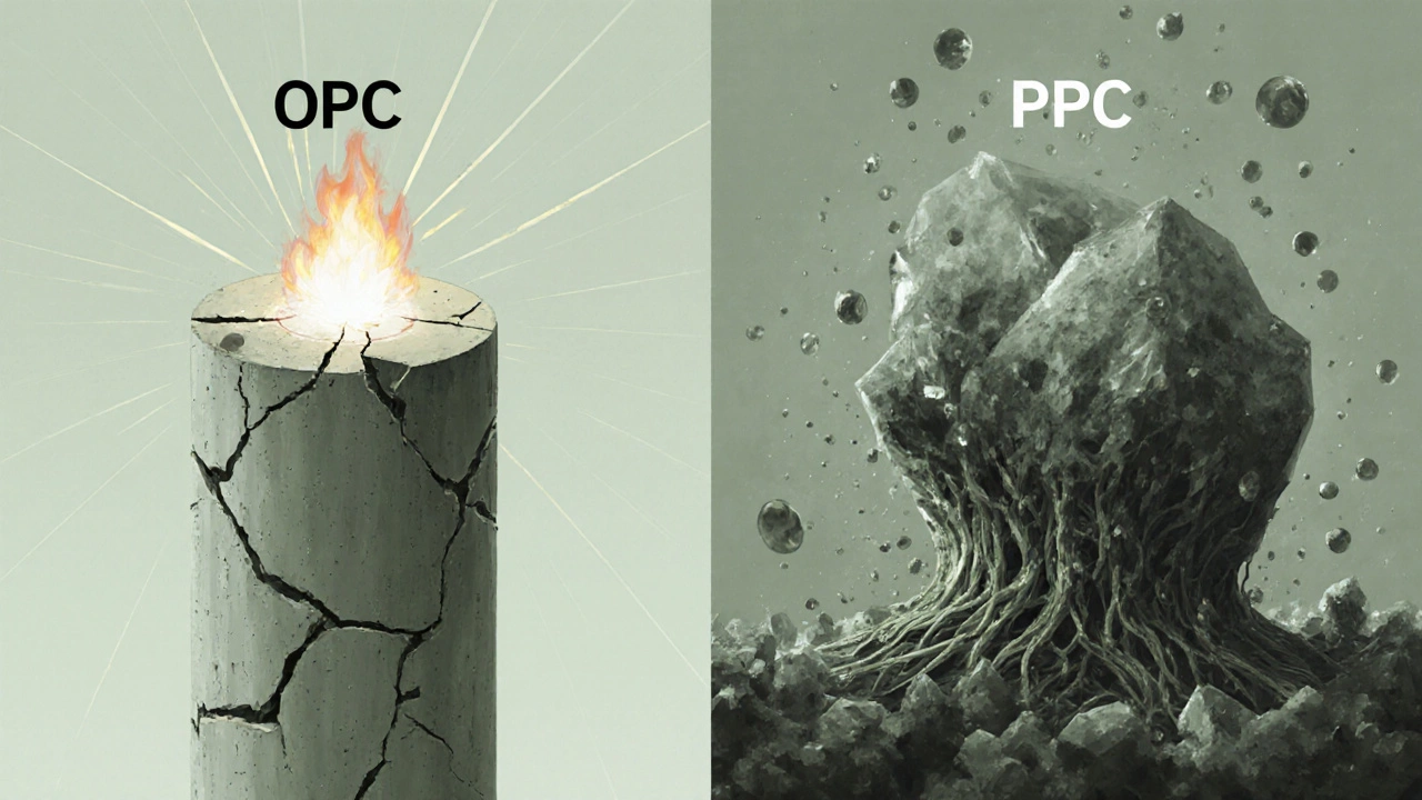 Концептуальное сравнение: хрупкий OPC против растущего, плотного PPC с кристаллической структурой.