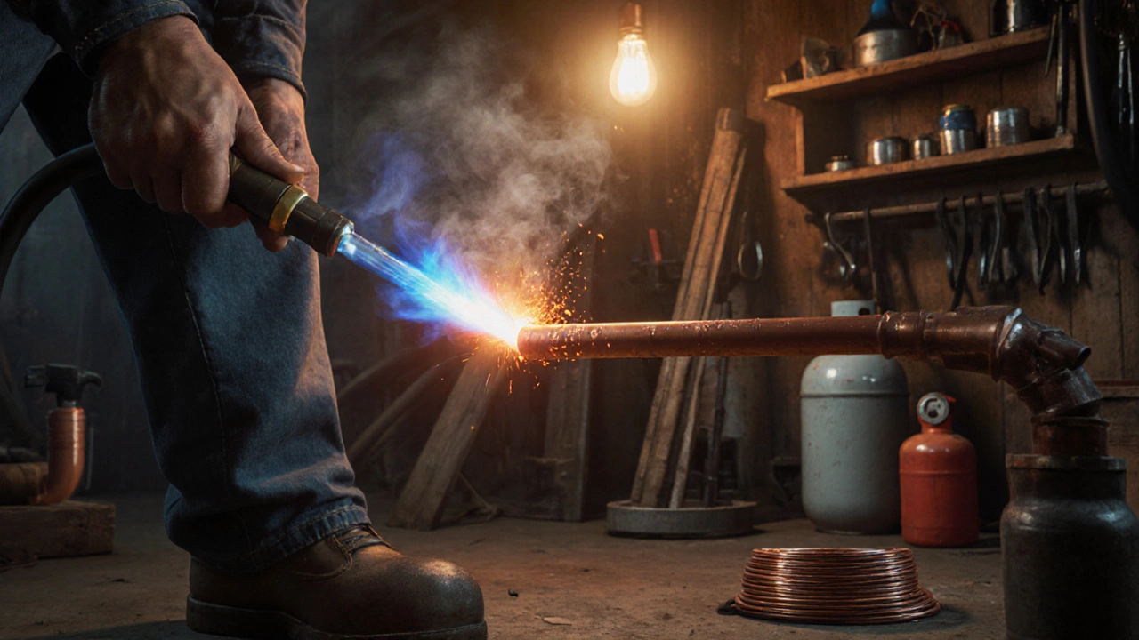 Механик ремонтирует медную трубу газовой сваркой, пламя горелки освещает расплавленный металл.