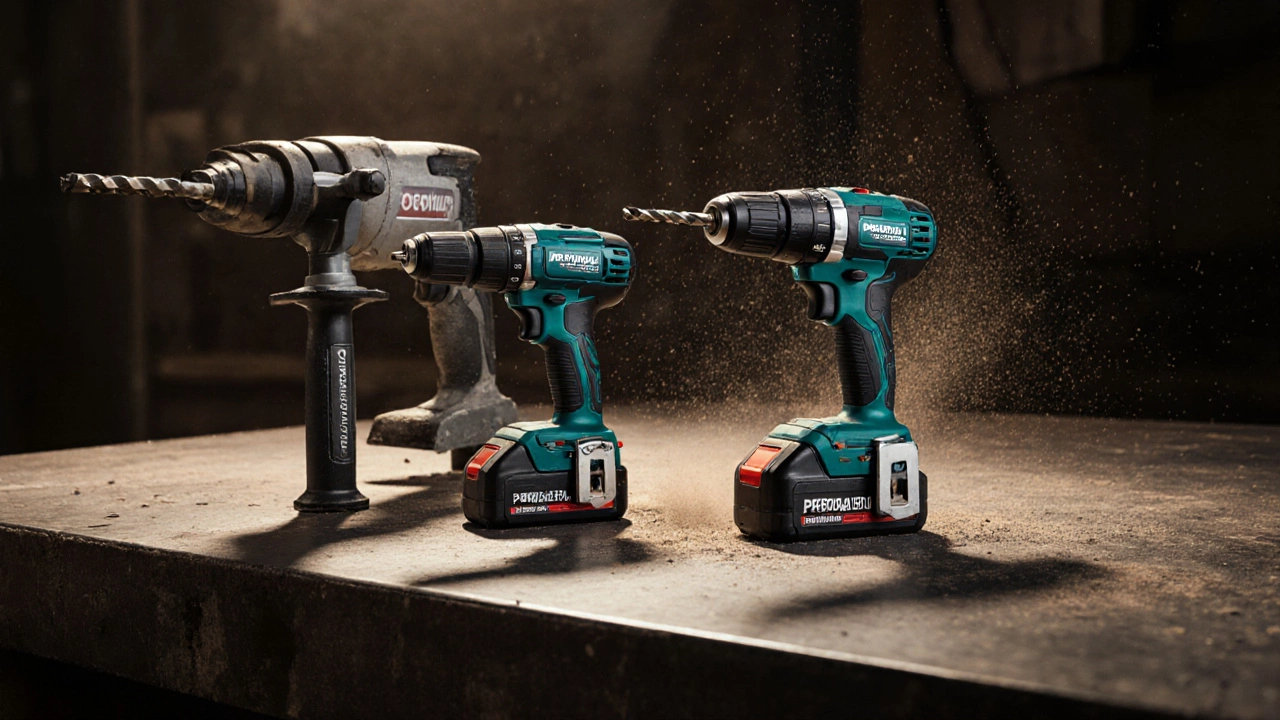 На верстаке лежат три строительных инструмента, перфоратор — центральный и самый мощный.