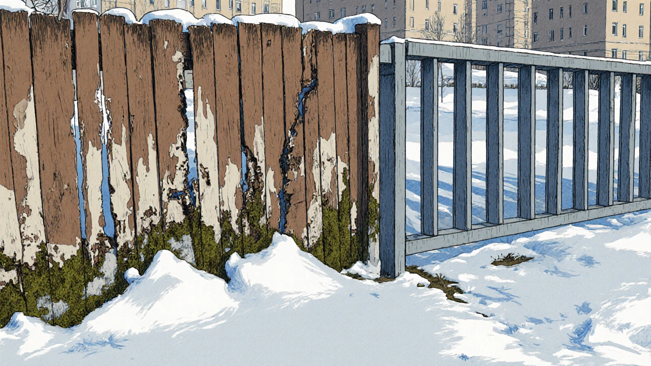 Поврежденный деревянный забор с гнилыми досками и наросшим мхом, рядом — целый металлический забор, символизирующий разницу в долговечности.