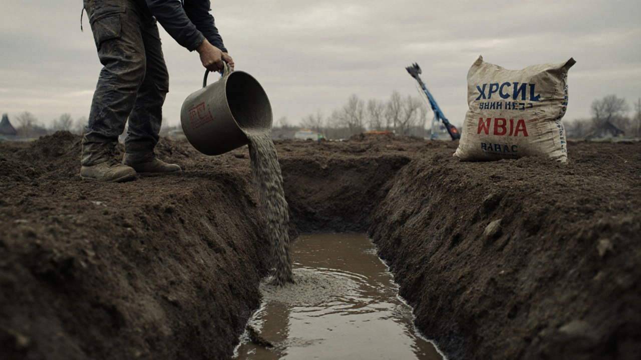 Рабочие заливают PPC-цемент в фундамент на влажной глине в российском строительном проекте.