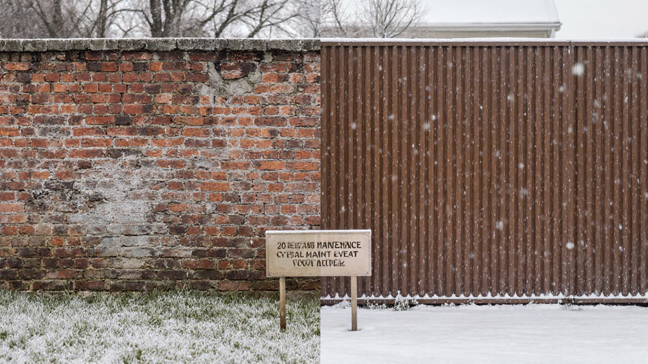 Разделённая сцена: слева — треснувший кирпичный забор, справа — прочный профлист с текстурой дерева, подчеркивающий практичность выбора.