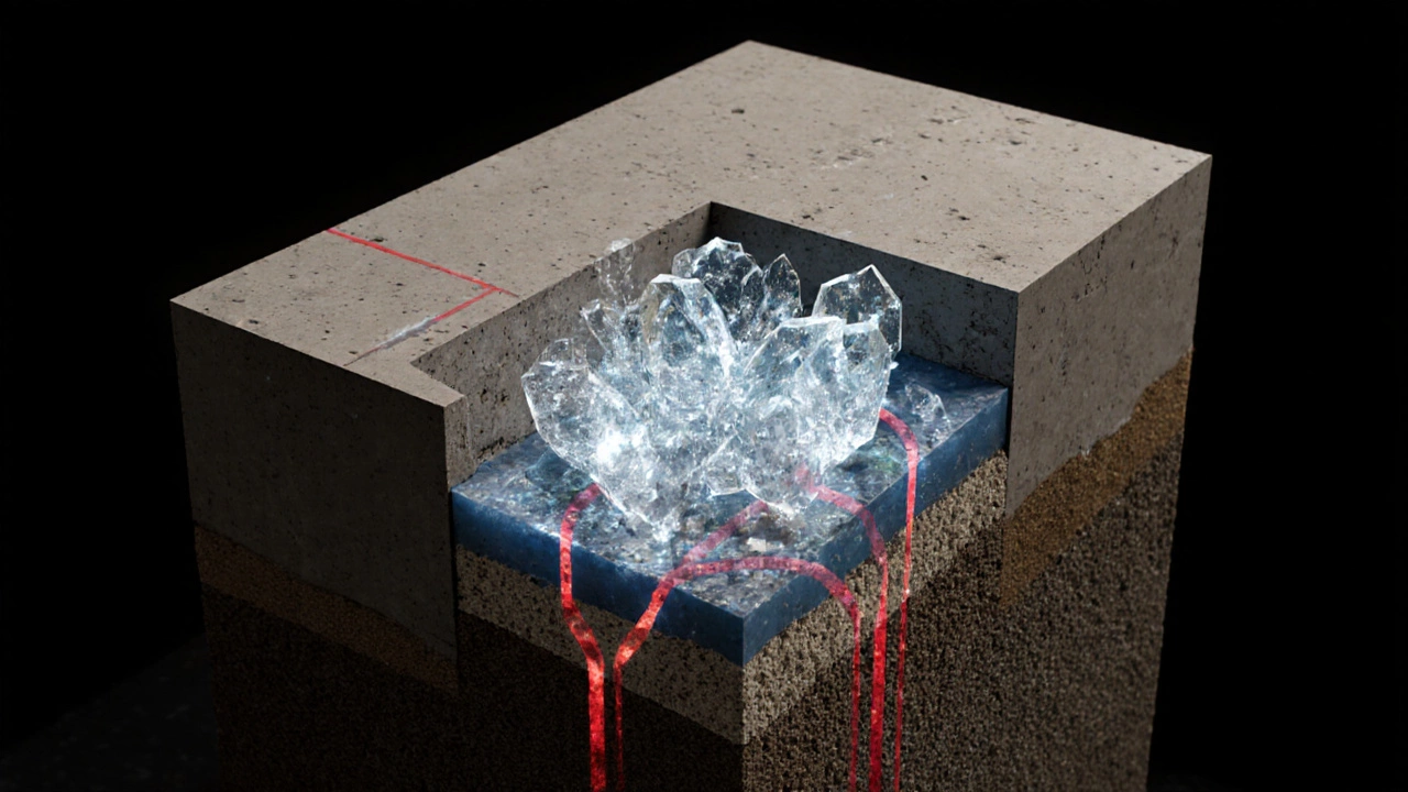 Разрез бетонного фундамента с видимыми кристаллами, образующимися при гидратации цемента М500.