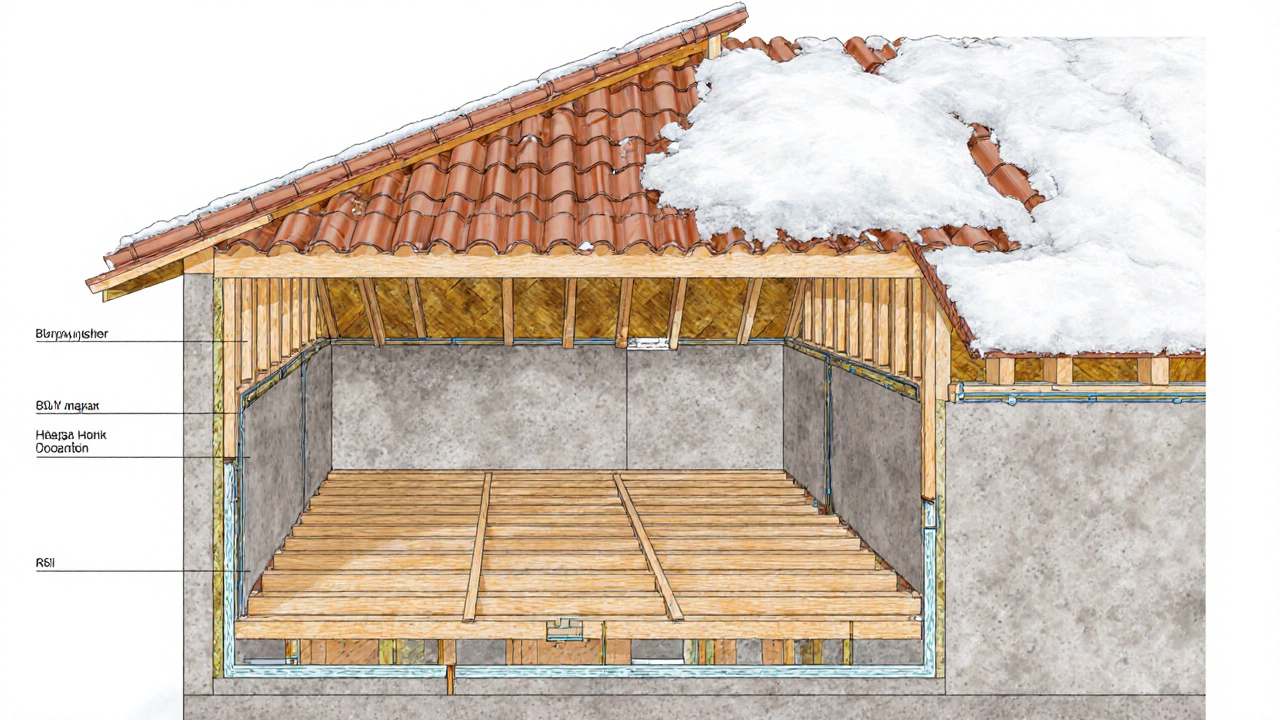 Разрез дома: деревянные балки, утепление в стенах и крутая кровля из металлочерепицы с снежным налетом.