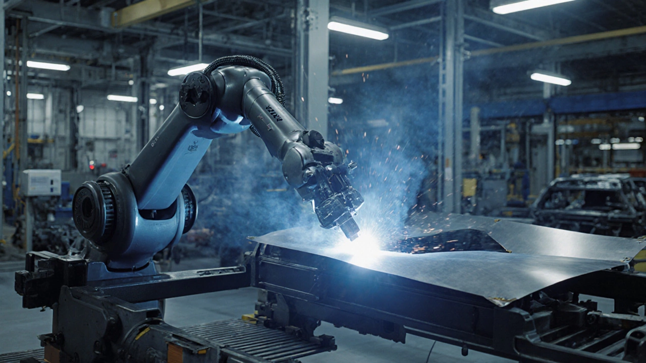 Роботы на конвейере автоматически сваривают панели кузова автомобиля в защищённой среде газа.