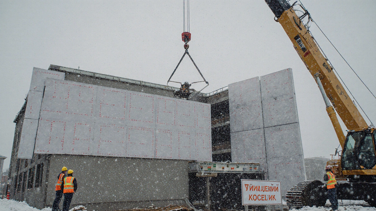 Сборный дом в поселке Солнечный, кран устанавливает панели на фундамент под снегом.
