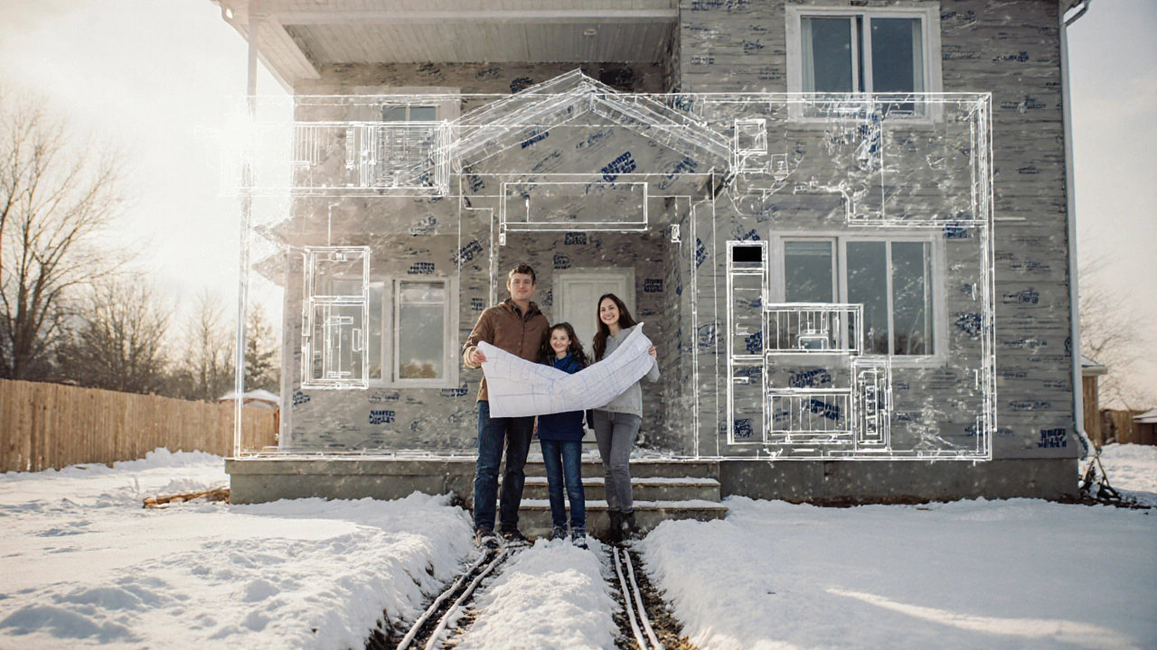 Семья на веранде готового дома, за ними — прозрачный контур всего запланированного здания с гаражом и баней, снег на земле, в руках — чертежи.
