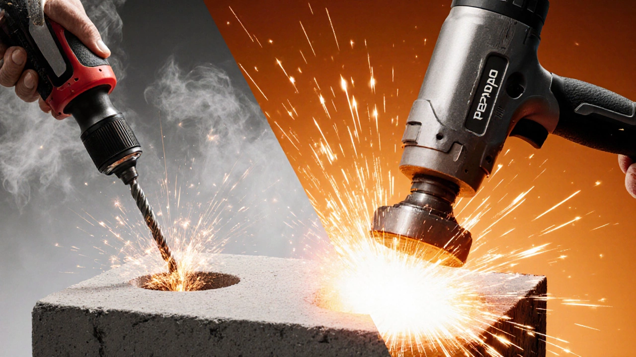 Сравнение: дрель не справляется с бетоном, а перфоратор разрушает его ударными волнами.