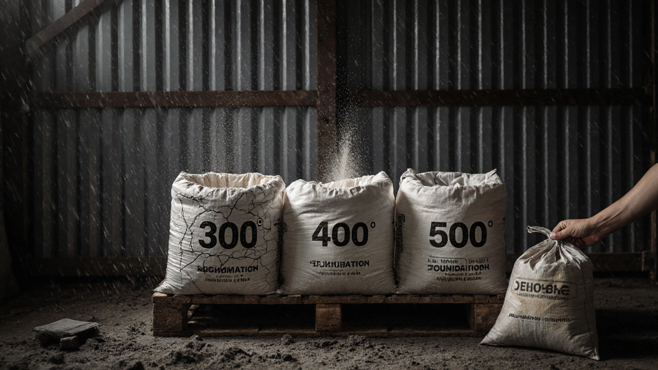 Три мешка цемента М300, М400 и М500 на паллете с указанием срока хранения и назначения.