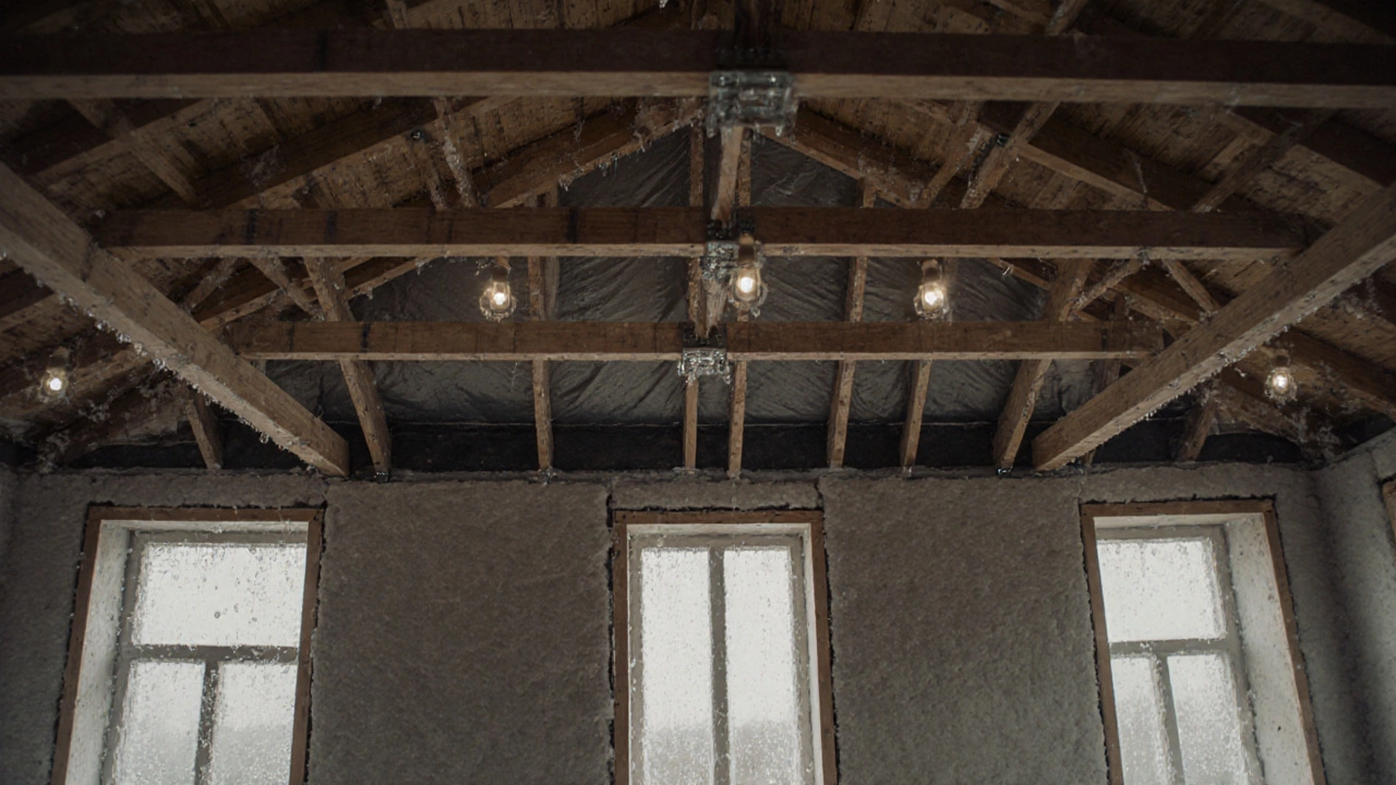 Вид внутрь дома: стропила, утепление и гидроизоляция под крышей, конденсат на металле, без отделки.