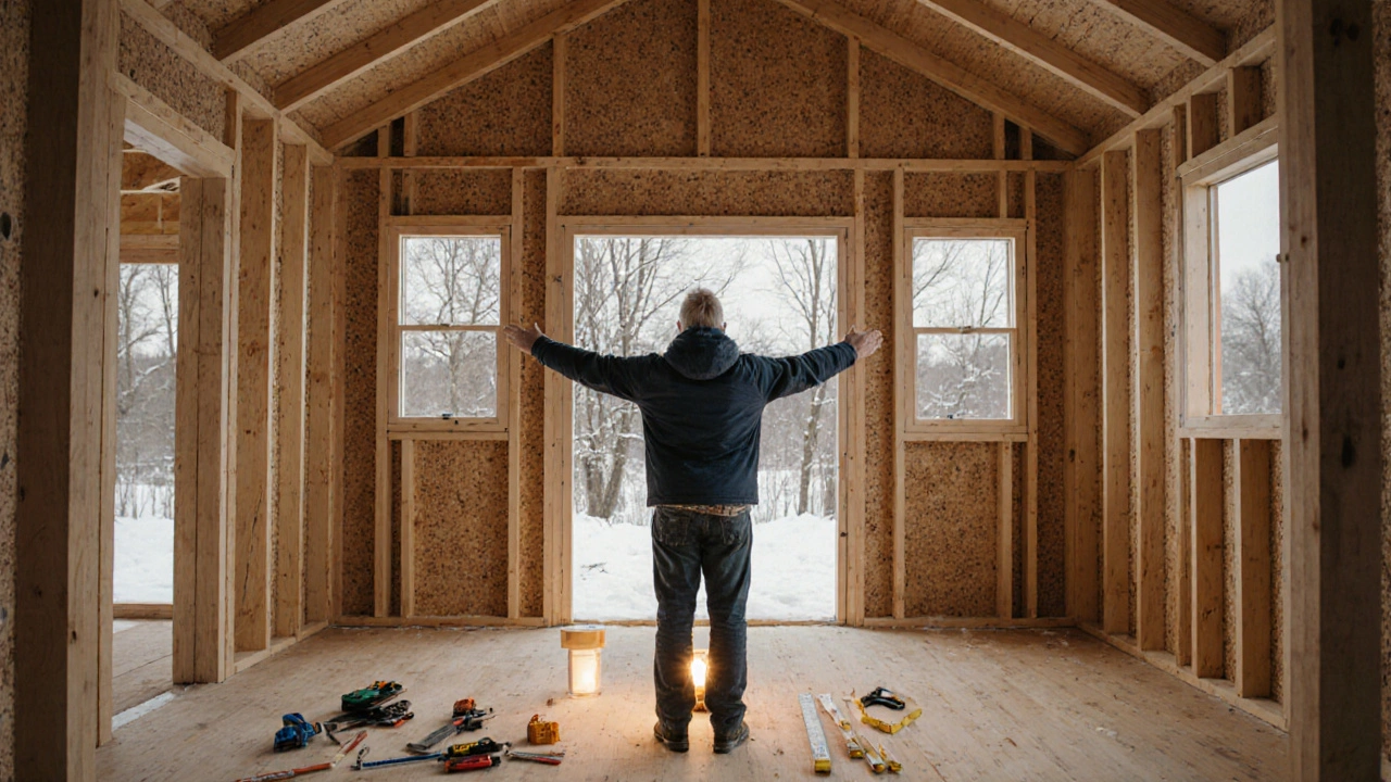Владелец дома стоит в пустом каркасе, смотрит на снежный пейзаж за окнами, внутри светит одна лампа.