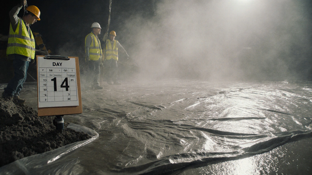 Заливка фундамента под наблюдением, бетон накрыт плёнкой для набора прочности.