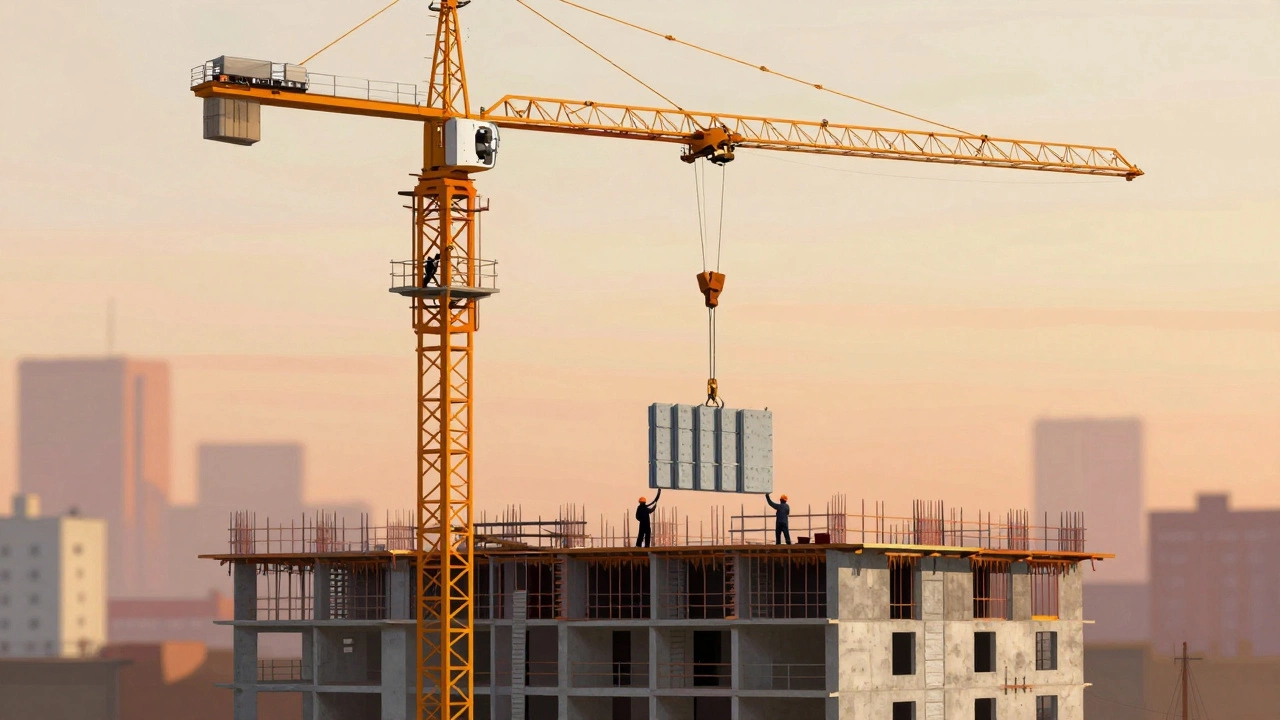 Башенный кран поднимает железобетонные панели на 18-этажный дом.