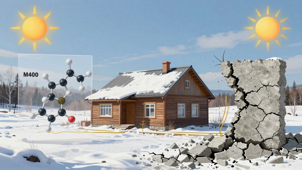 Дом, стоящий через сезоны, с визуализацией прочности цемента М400 против слабого М300.