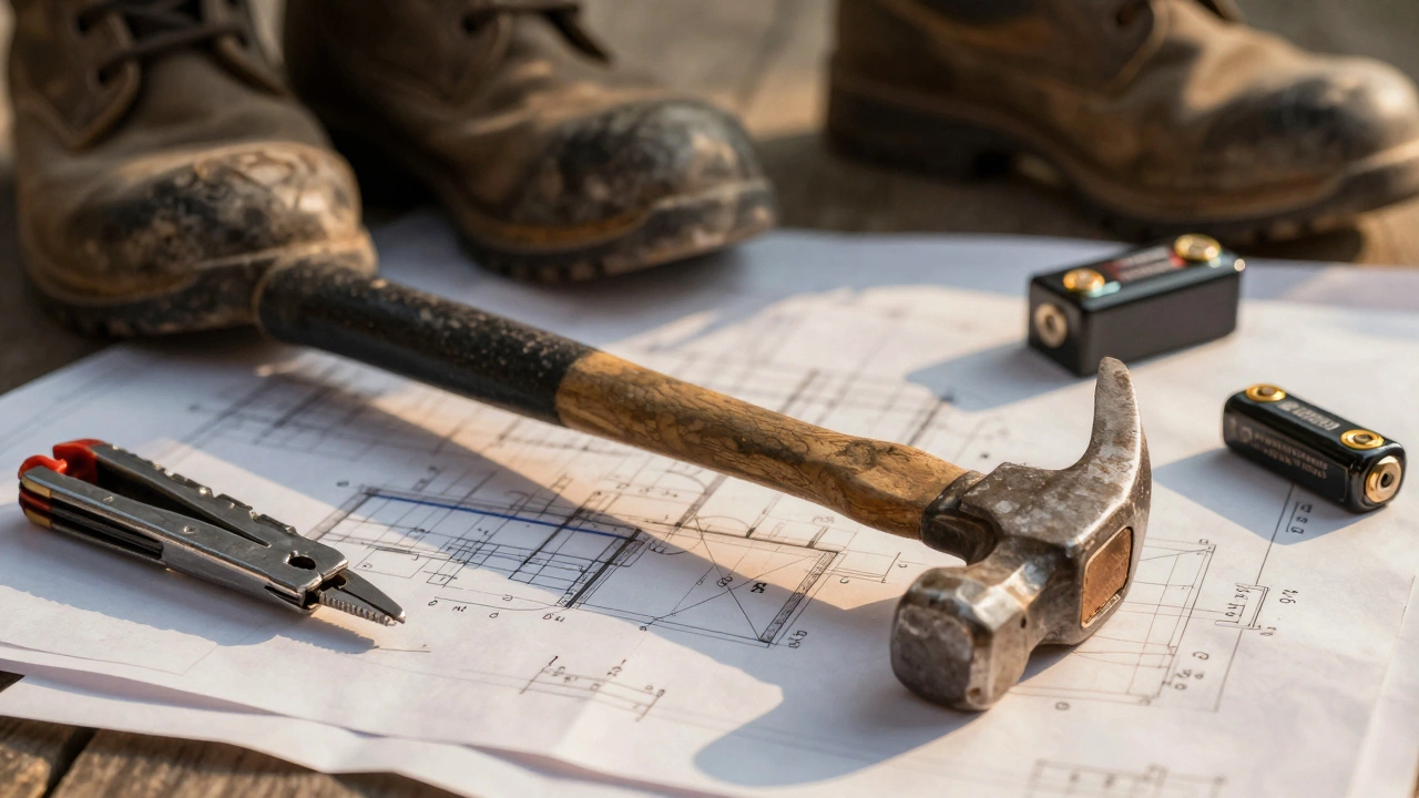 Изношенный, но исправный молоток рядом с сломанными современными инструментами.