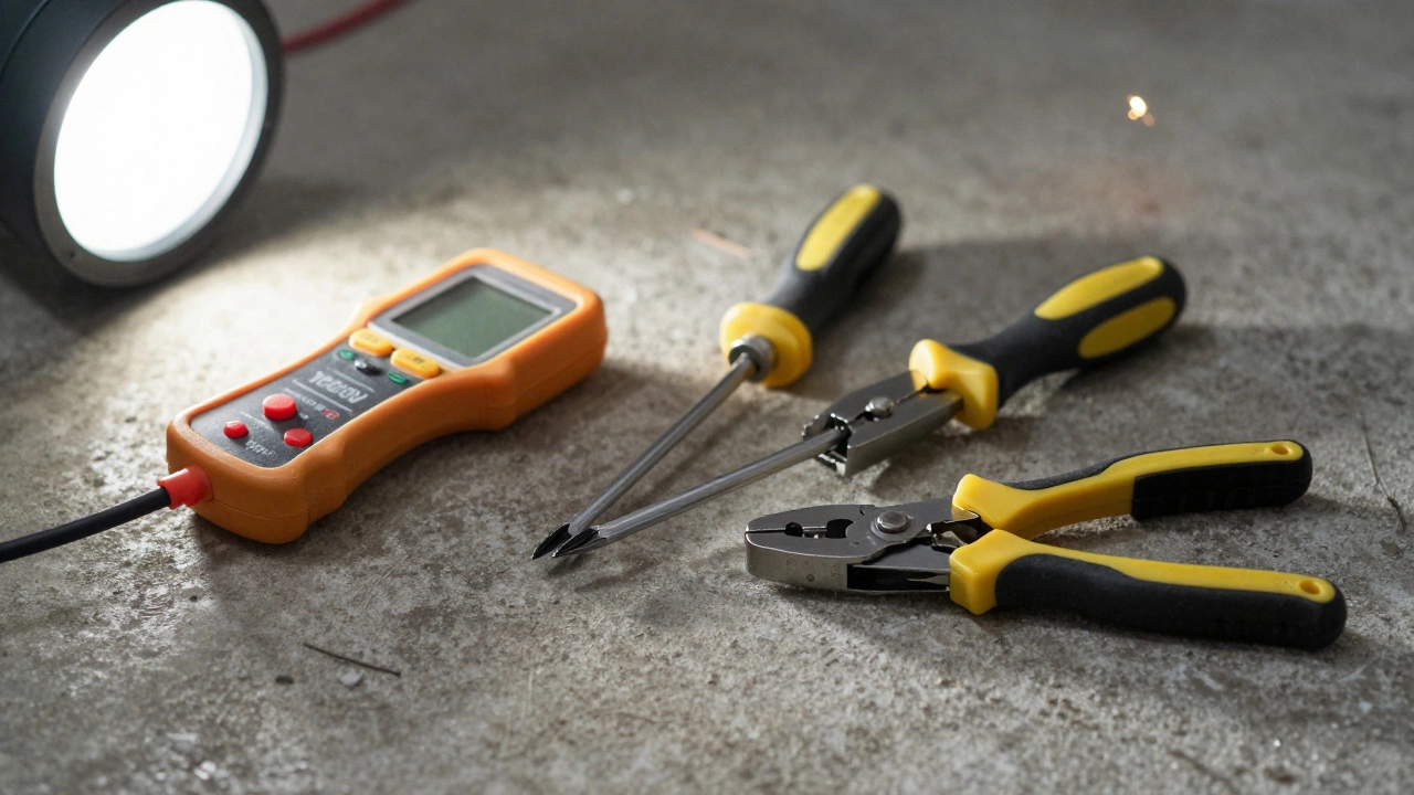 Изолированные инструменты электрика с тестером напряжения на бетонном полу