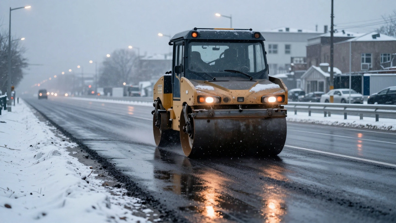 Каток уплотняет асфальт под падающим снегом на городской дороге.