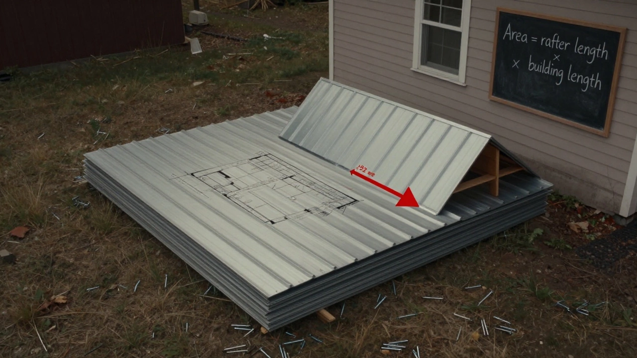 Кучи кровельных материалов, сложенные в форму 102 кв.м, рядом с домом, с указанием разницы между площадью пола и крыши.