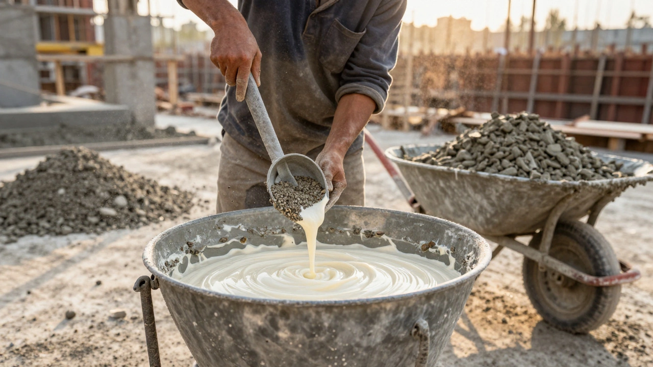 Мужчина замешивает бетон в бетономешалке, вода добавляется постепенно.