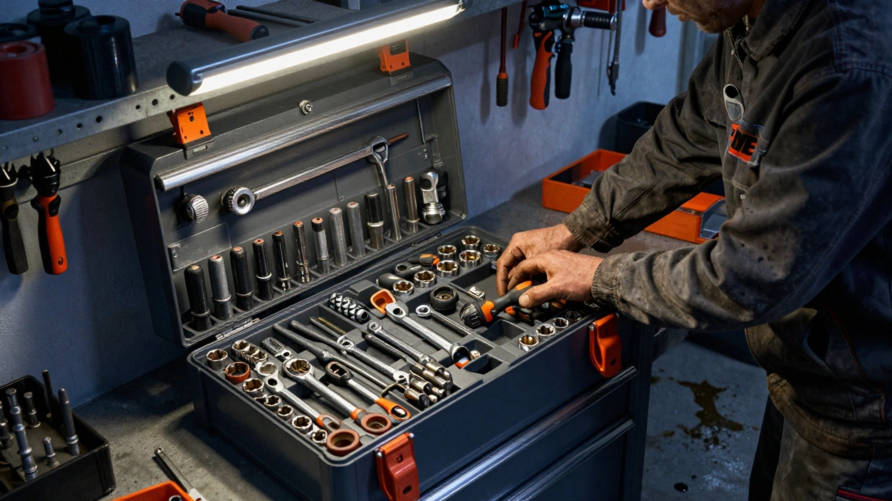 Профессиональный ящик с инструментами в мастерской с сокетами и трещотками.
