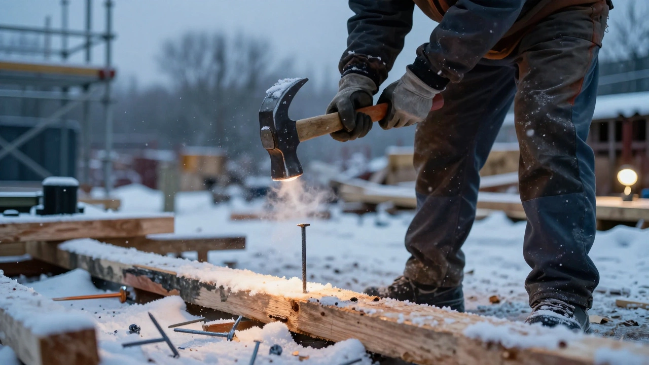 Рабочий забивает гвоздь молотком на зимней стройке при минус 20 градусов.