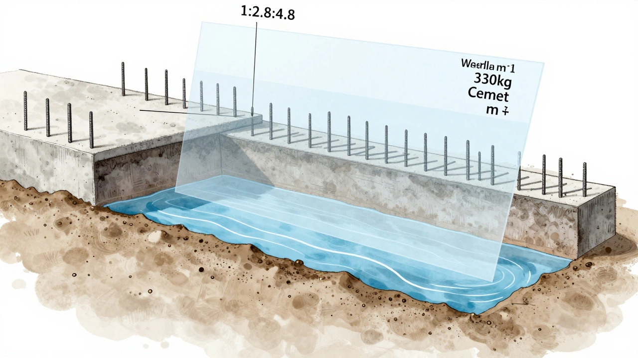 Разрез фундамента с пропорциями бетона и весом компонентов в виде прозрачных накладок.