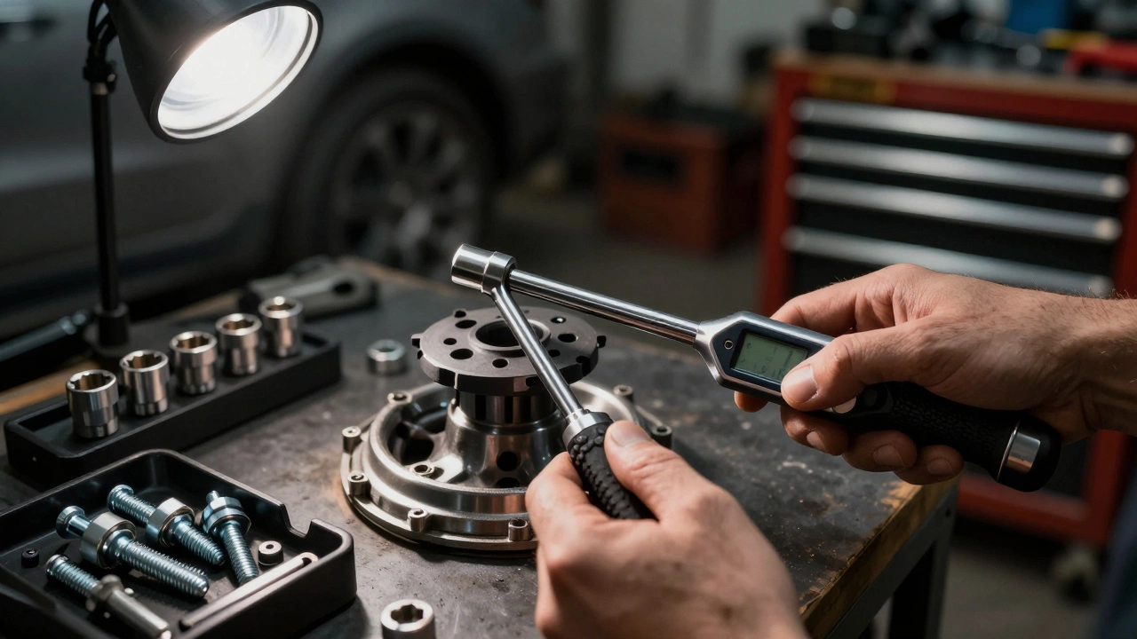 Руки мастера используют динамометрический ключ для затяжки колесного болта.