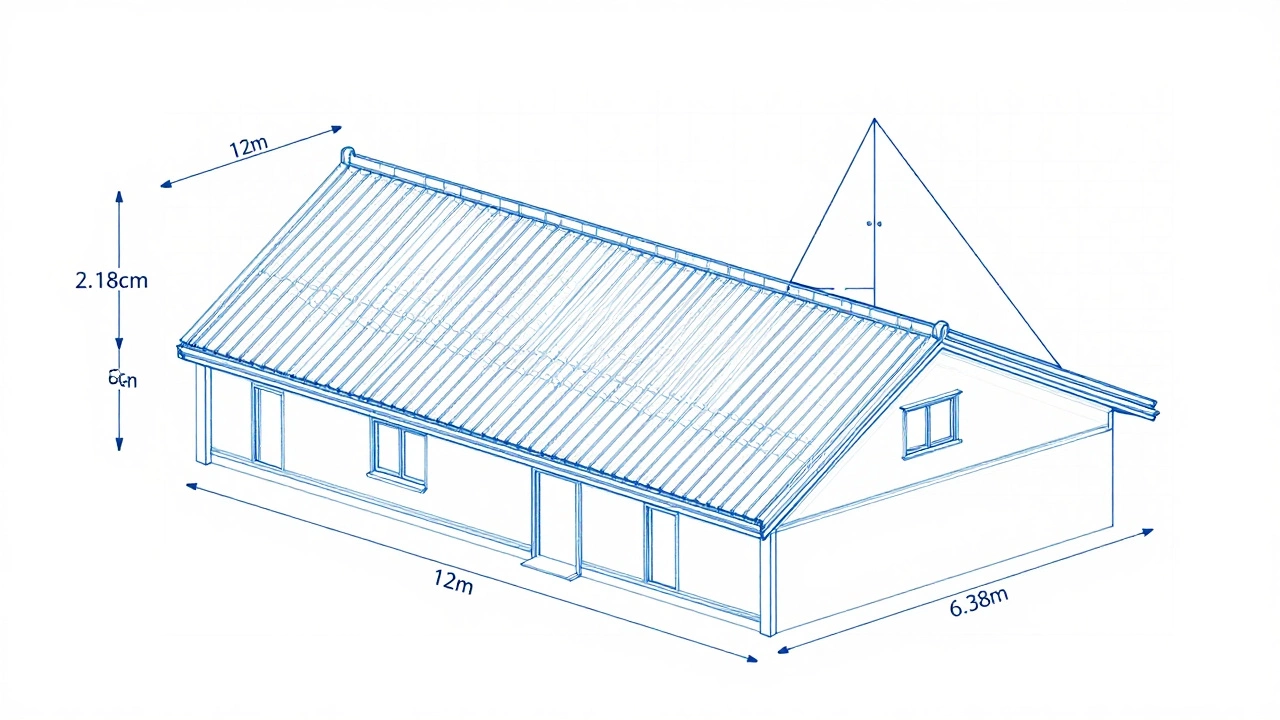 Схема поперечного сечения односкатной крыши с обозначенными размерами и треугольником для расчета длины стропил.