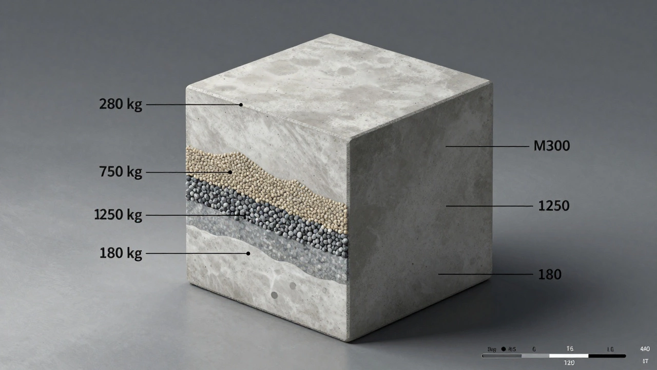 Схема состава одного кубометра тяжелого бетона М300 с указанием компонентов