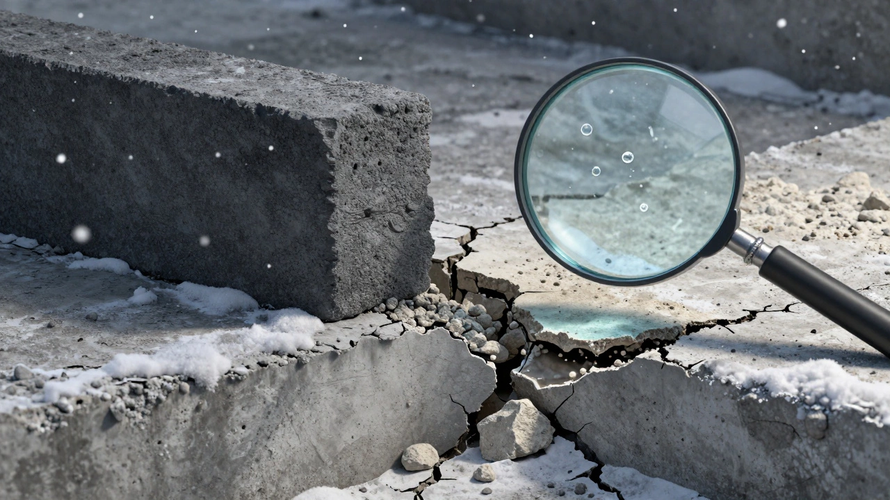 Сравнение прочного и разрушенного бетонного фундамента при морозе